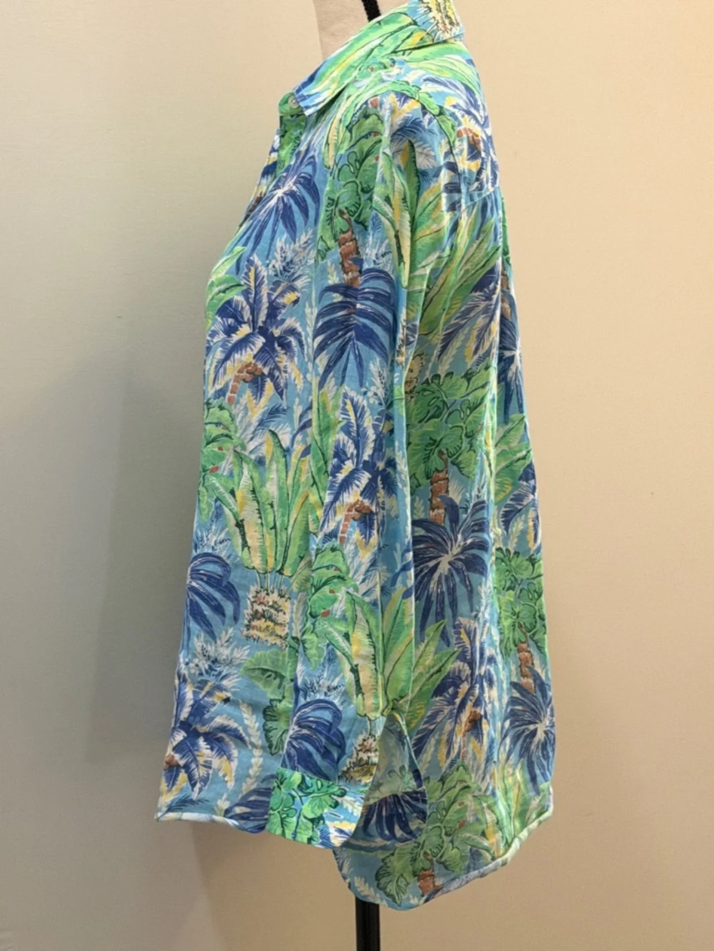 J. McLaughlin Blue/Green Tropical Pattern Linen LS Blouse Sz S - Picture 4 of 7